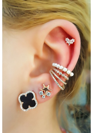 MorMajor Silver Tekli Siyah Mineli Yonca Gümüş Küpe-6539