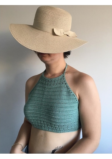 Tuyy El Örgüsü Özel Tasarım Su Yeşili Renk Bikini Üstü Büstiyer