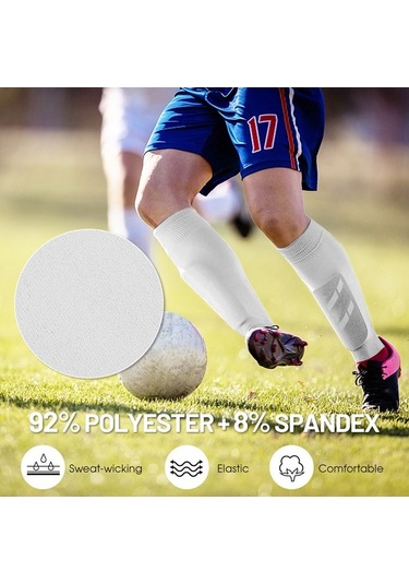 Pazly 3 Çift Beyaz Futbol Çorabı + 3 Çift Polyester Baldır Kılıfı Seti, Gümüş Renk Gümüş