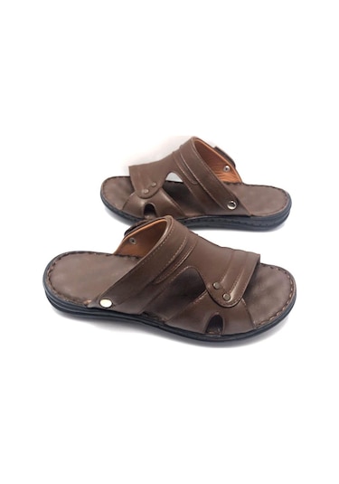 Derilax Hakiki Deri Tam Ortopedik Büyük Numara Erkek Terlik Kahverengi
