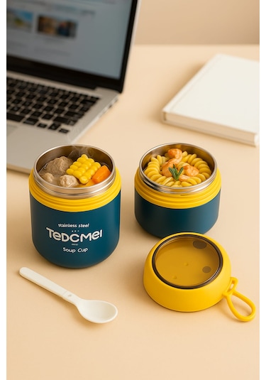 Dekorasyaa 2 Katlı Lunch Box - Mavi - Paslanmaz Çelik - Kaşıklı - Yemek Taşıma Kabı - 710ml Mavi