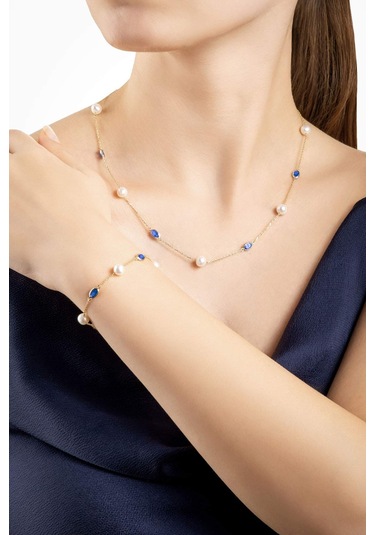 Doğal İnci Işıltısı 14 Ayar 45 Cm Sarı Altın Kolye Mavi