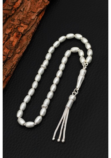 Gümüş Tesbih Erkek Çizgili Arpa Kesim Gümüş Tesbih 925 Ayar St380 Gümüş