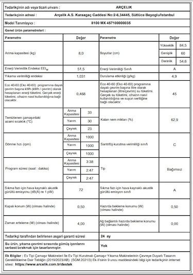 Arçelik  8100 MX 1000 Devir 8 KG Çamaşır Makinesi