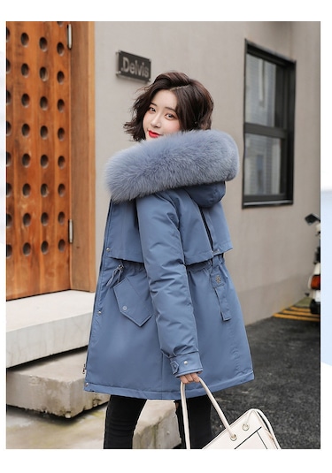 Snapbuy Kalın, Yumuşak Dolgulu, Midi Boy, Kapüşonlu, Kürk Detaylı Kadın Mont Mavi