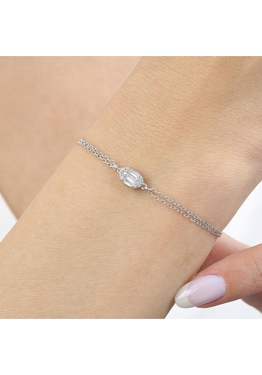 Pırlanta Montür Minimal Oval Baget Gümüş Bileklik