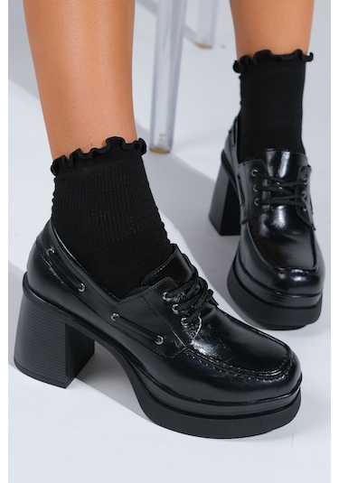 Dudley Siyah Cilt Bağcıklı Kadın Platform Topuklu Ayakkabı Siyah-2