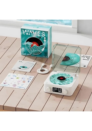 Just Cheap Store Waves Nostalji Plak Görünümlü Bluetooth Hoparlör 3d Ses Dalgası Retro Müzik Plak Mavi