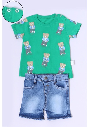 Erkek Bebek Şortlu Takım Kot Şortlu Çıtçıt Detaylı Baskılı B26 Yeşil