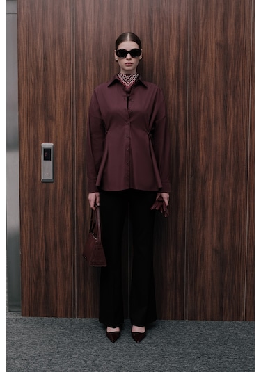 Bel Ayarlamalı Gömlek Bordo Bordo