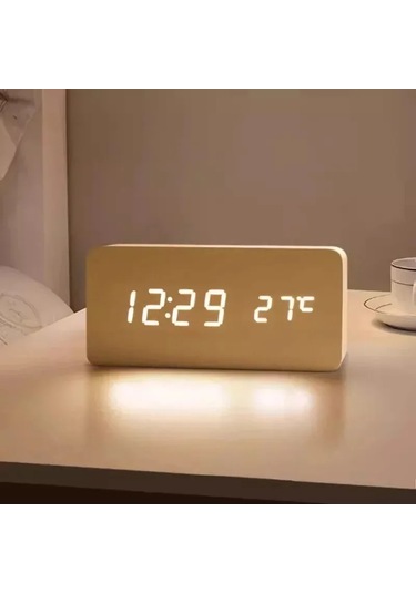 Dijital Led Ahşap Çalar Saat Sıcaklık Ses Kontrolü Erteleme