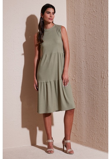Lela Regular Fit Kolsuz Midi Bayan Elbise 5869008 Olive