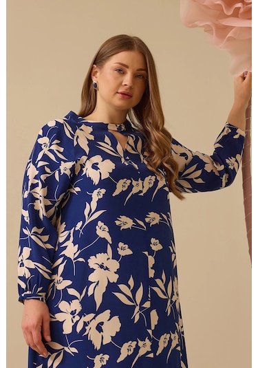 Galaxi Kadın Büyük Beden Desenli Fırfır Detaylı Elbise 4008 Lacivert Lacivert