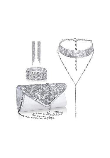 Dancemonkey Yemeği Toprak Seti Seti Püskül Parçalı Niş Moda Küpe Kolye Kadın Geometrik Elmas Dört Çantası Bilezik Beyaz Akşam Fg Beyaz