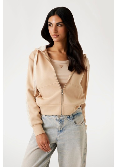 Kadın Scuba Fermuarlı Kapüşonlu Sweatshirt - Krem Krem