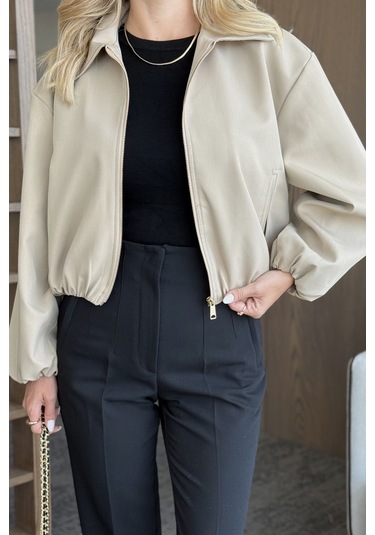 Camel Crop Bomber Ceket Camel