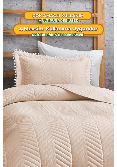 Evlen Home Ponponlu %100 Pamuk Tek Kişilik Günlük Yatak Örtüsü Pike Takımı Seti Bej