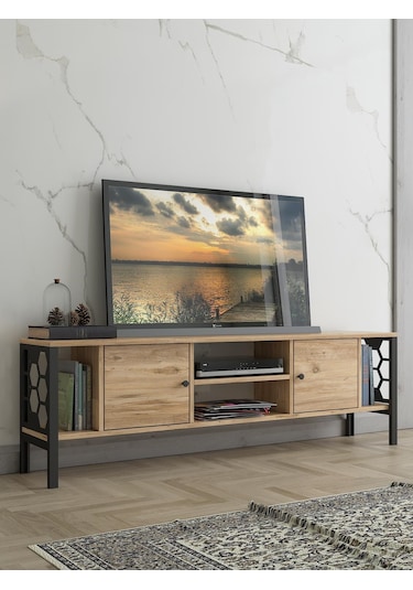 Wood'n Love Asena 160 Cm Metal Ayaklı Tv Ünitesi - Atlantik Çam / Siyah 001