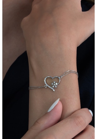 Gümüş Kalp Kar Tanesi Kolye Ve Bileklik Seti Taşlı Wss09