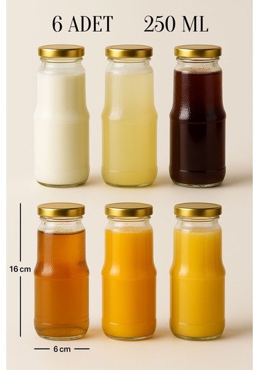 Rotanev Şeffaf Sürahi Süt, Ayran, Su, Limonata, Meşrubat Şişesi Metal Gold Kapaklı Cam Şişe  6 Adet 250 ML