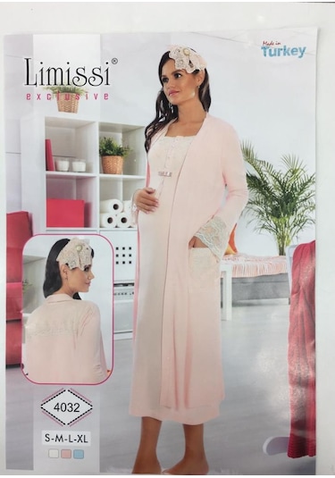 Limissi 6002 Hamile Lohusa Uzun Kol İnci Dantelli Hamile Gecelik