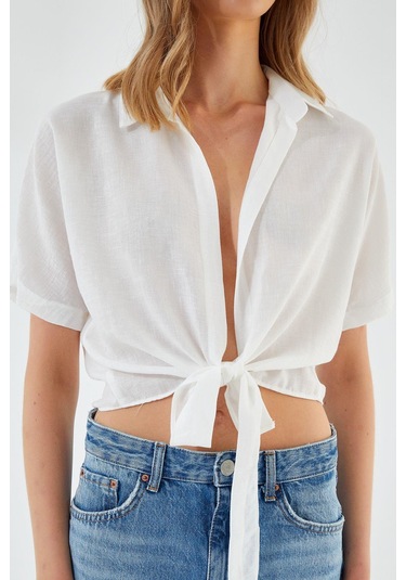 4230 Kadın Bağlamalı Yazlık Keten Gömlek Beyaz Beyaz