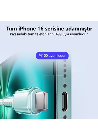 Buz Kristal Dokuma 65w Hızlı Şarj Kablosu 1m Apple İphone 16 & Üstü Type-c To Type-c Pd3.0 Uyumlu Isı Kontrollü 1m Type-c - Type-c For İphone 16