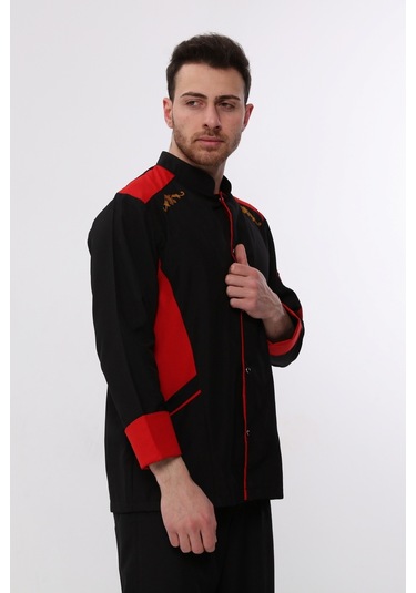 Uniprom Uzun Kollu Aşçı Ceketi Önlük Nakışlı Cepli Şef, Garson Siyah - Kırmızı