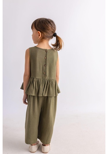 Oliventhekid Beli Volanlı Sırtı Düğmeli Kolsuz Keten Kız Çocuk Tulum Haki Haki