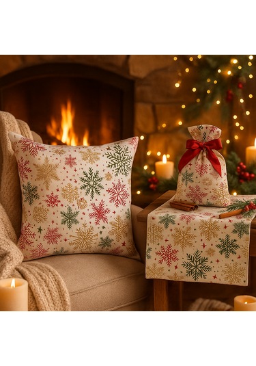 Yılbaşı Temalı Masa Runner + Kırlent Kılıfı + Hediye Kesesi Kombin Set Kar Tanesi Desenli Beyaz - Bej