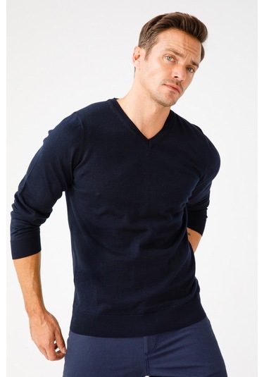 Erkek Basic V Yaka İnce Triko Kazak K.lacivert K.lacivert