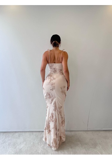 Bej Ayarlanabilir Askılı Çiçekli Astarlı Maksi Bej