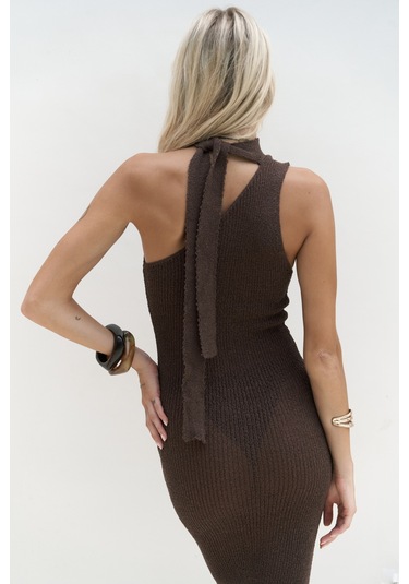 Kamalas Asimetrik Triko Kahve Uzun Elbise Kahve