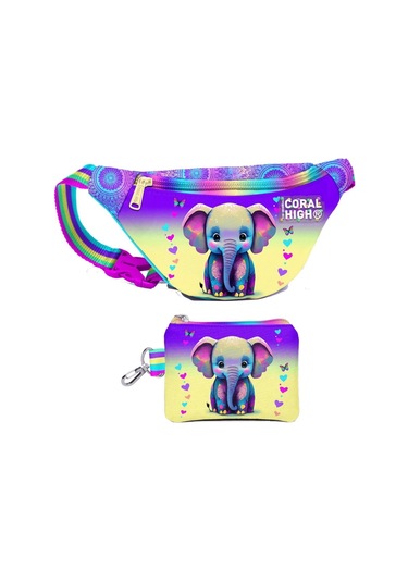 Coral High Kız Çocuk Pembe Turkuaz Fil Desenli Bel Çantası Ve Bozuk Para Cüzdanı Set Çok Renkli