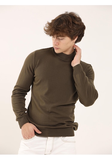 Dufy Haki Erkek Slim Fit Yarım Balıkçı Yaka Triko - 91087 Haki