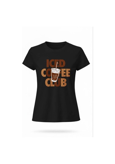 Kadın Siyah Iced Coffee Baskılı Pamuklu Tişört Siyah