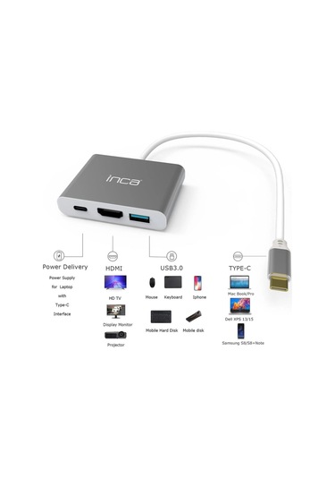 Inca Itpc-04tx Type-c Hub Hdmı 4k 30hz Usb3.0+pd100w Akım Ve Voltaj Korumalı Alüminyum Çoklayıcı