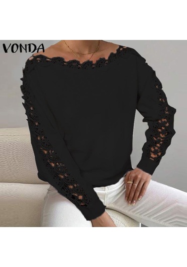 Vonda Kadın Sonbahar Dantel Yuvarlak Yaka Uzun Kollu Kazak Kazaklar Turuncu