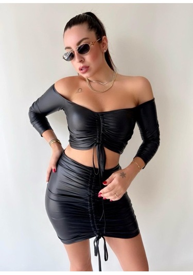 Munn Collection Kadın Büzgülü Deri Etek Takım Fırsat Ürün Siyah