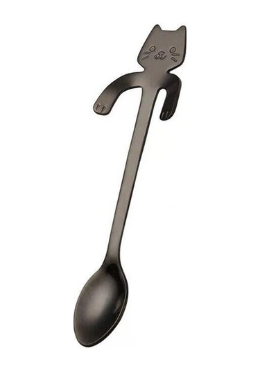 Siyah Paslanmaz Çelik Kahve Kaşığı Güzel Sevimli Kedi Şekli Çay Kaşığı Tatlı Aperatif Kepçe Dondurma Mini Kaşık Sofra Mutfak Aletleri
