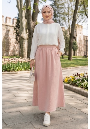 Bestenur Cepli Beli Lastikli Poplin Etek 1727 - Pembe