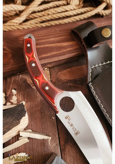 Outdoor Piknik Kamp Bıçağı Çakısı Kılıflı El Yapımı Verzalit Sap Kahverengi