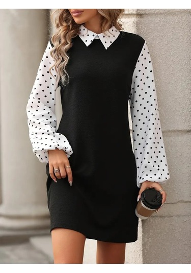 Kadın Yakalı Kol Ve Yaka Puantiyeli Uzun Kollu Krep Elbise Siyah