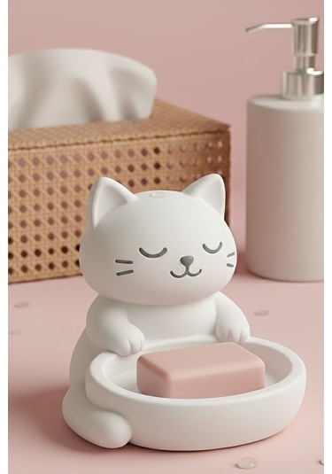 Oxyteez Kedi Figürlü Sabunluk Beyaz Renk Reçine Tasarım Ev Ve Ofis Dekorasyonu