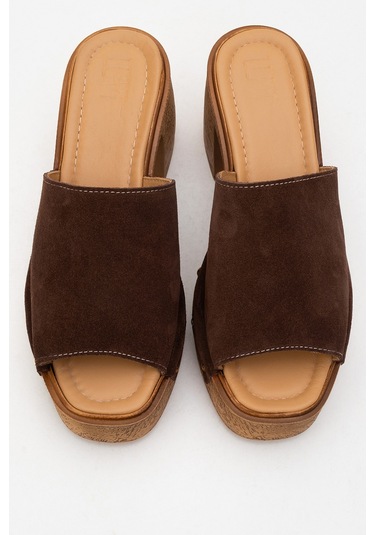 Pull Kahverengi Süet Hakiki Deri Kadın Platform Topuklu Terlik Kahverengi