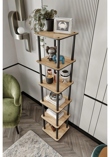 6 Katlı Dekoratif Kare Kitaplık Meşe Meşe