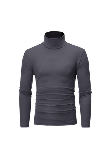 Koyu Gri Erkekler Sonbahar Kazaklar Uzun Kollu Balıkçı Yaka T-shirt Katı Temel Kış Moda Üst Koyu Gri