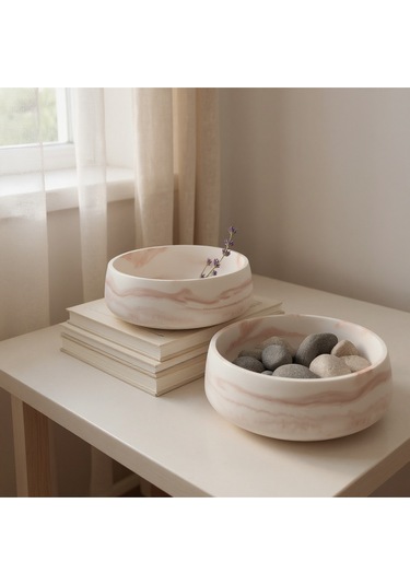 2 Adet Mermer Desenli Taş Kase Çok Amaçlı Mermer Kase Banyo Takımı 18 Cm Beyaz