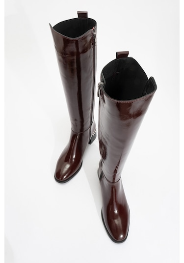 Rochos Bordo Rugan Streç Detaylı Hakiki Deri Kadın Çizme Bordo Rugan Deri