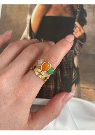 Vintage Renkli Oval Taşlı Çelik Kararmaz Ayarlanabilir Gold Yüzük